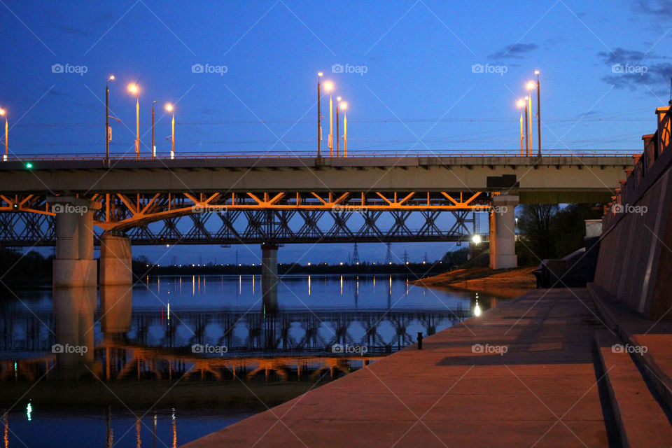 Belarus, Minsk, Gomel, river Sozh, embankment, park, bridge, pavement, river, lights, light, Night, Lamp street, lantern city, reflection, glare, white, Black and white, city