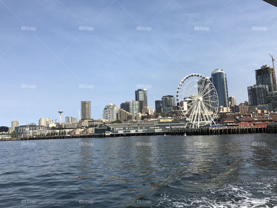 Seattle skyline, on a boat, Seattle, day time , waterfront