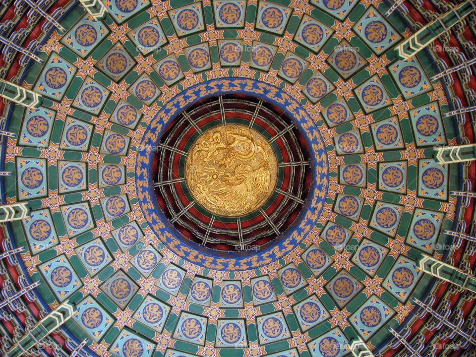 Chinese temple ceiling . Beautiful Chinese architecture filled with detail in temple. 