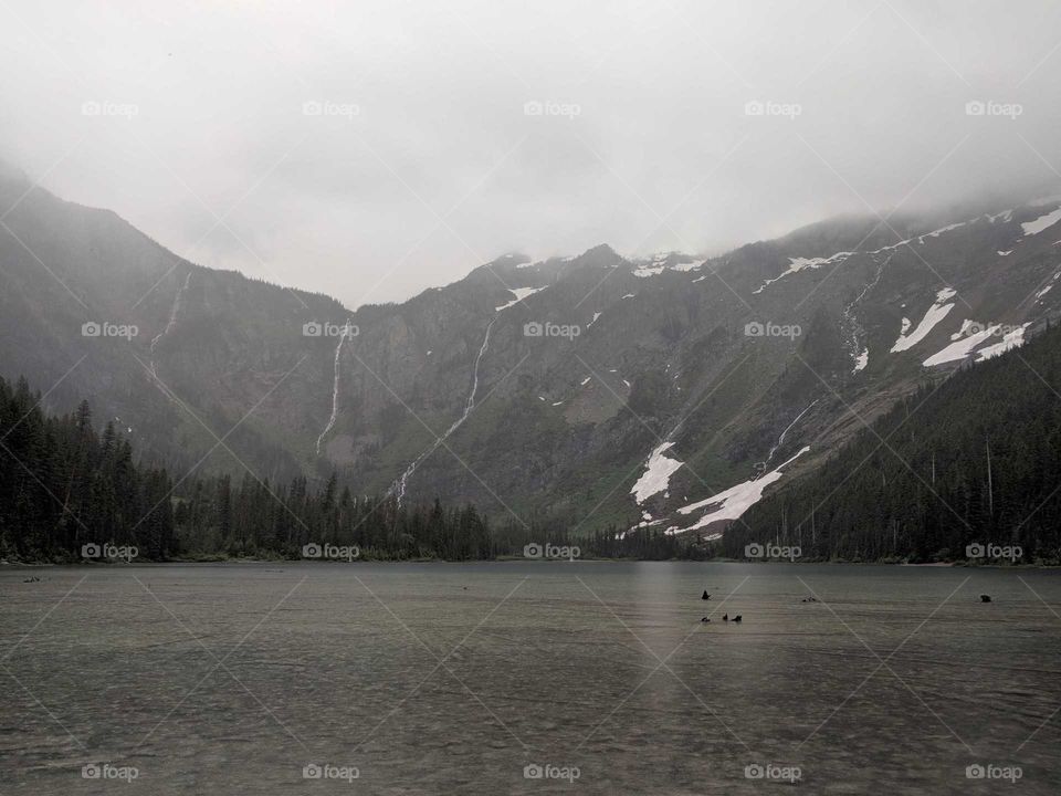 Misty, Gloomy, Rainy Morning at Avalanche Lake in Glacier National Park in Montana