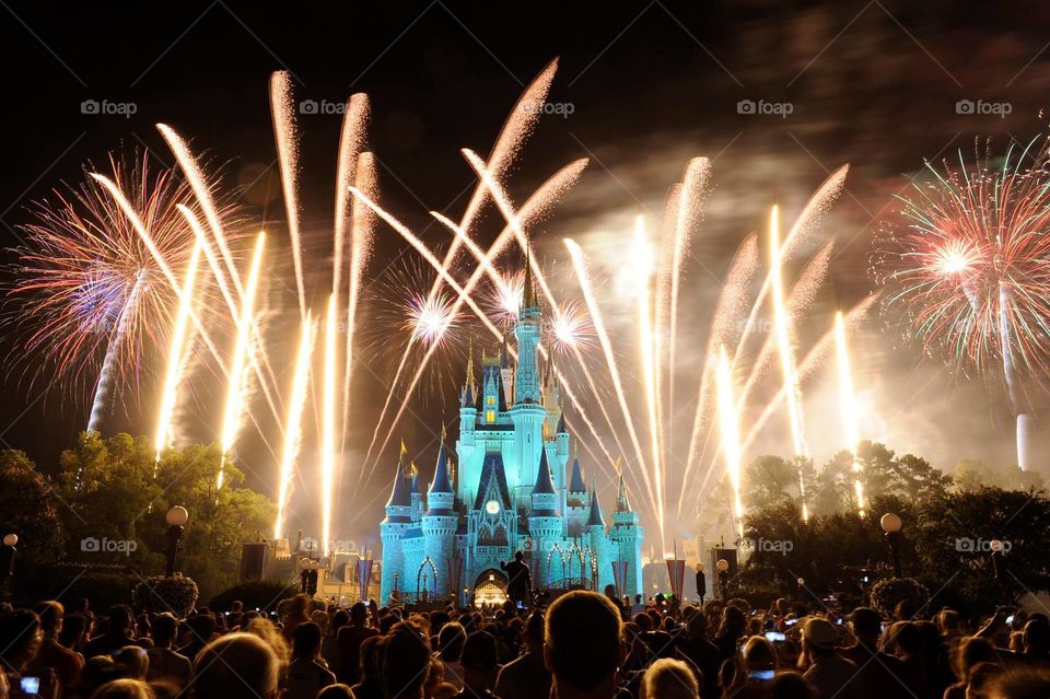 Magic Kingdom. Wishes! Cinderella Castle in Magic Kingdom Theme Park. 