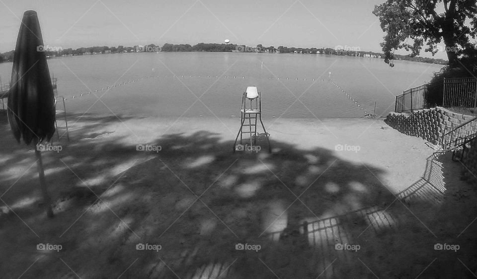 guard station. Lake Zurich beach in early morning