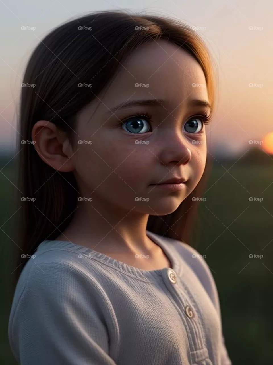 Cute sad baby girl with sunset view