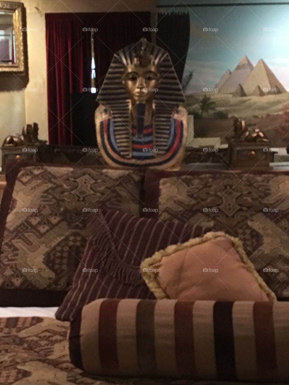 Elegant bed design in the Egyptian room at the Anniversary Inn in Logan, Utah.