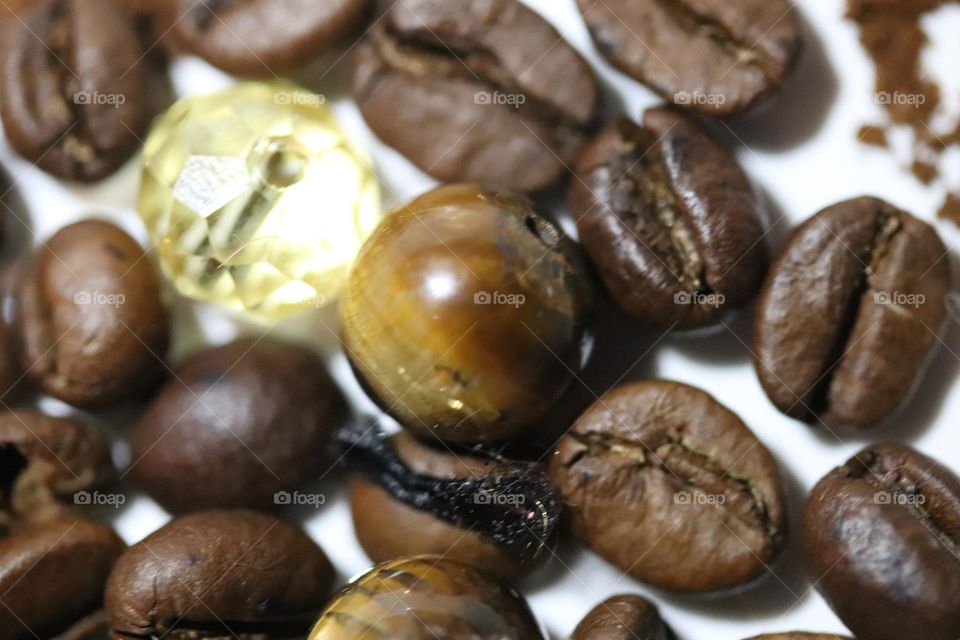 Semi-precious stones and coffee beans