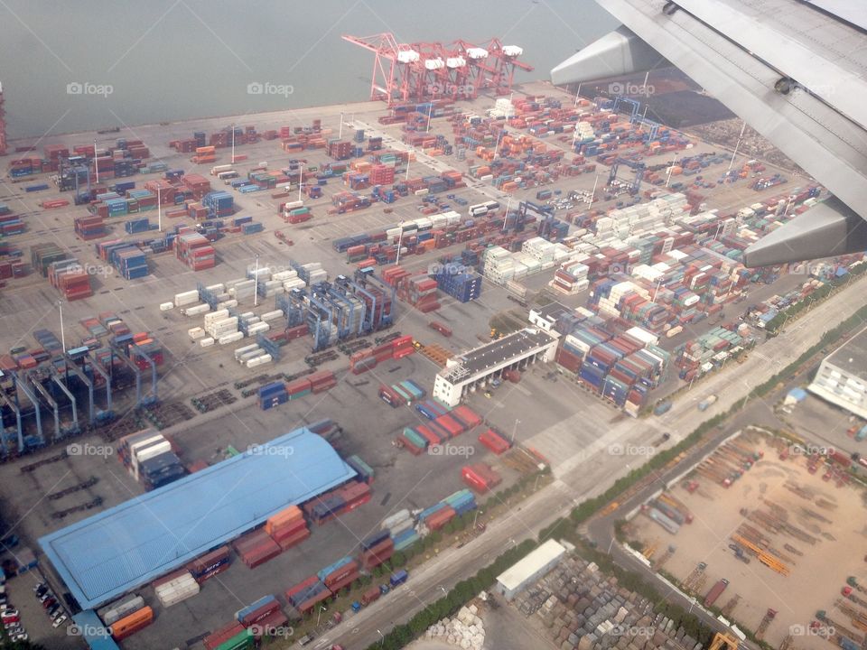 Flying over cargo port