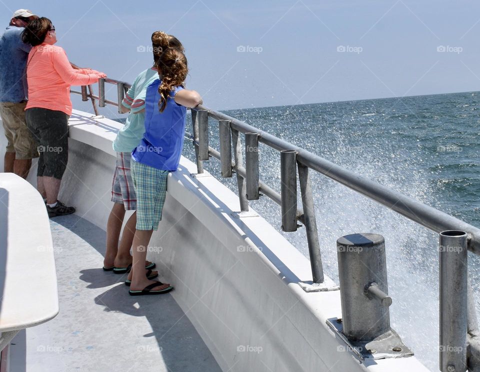 Dolphin cruise with people looking over the railing 