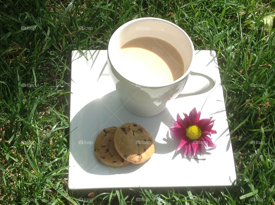 Enjoying a cup of coffee outdoors on a beautiful spring day.