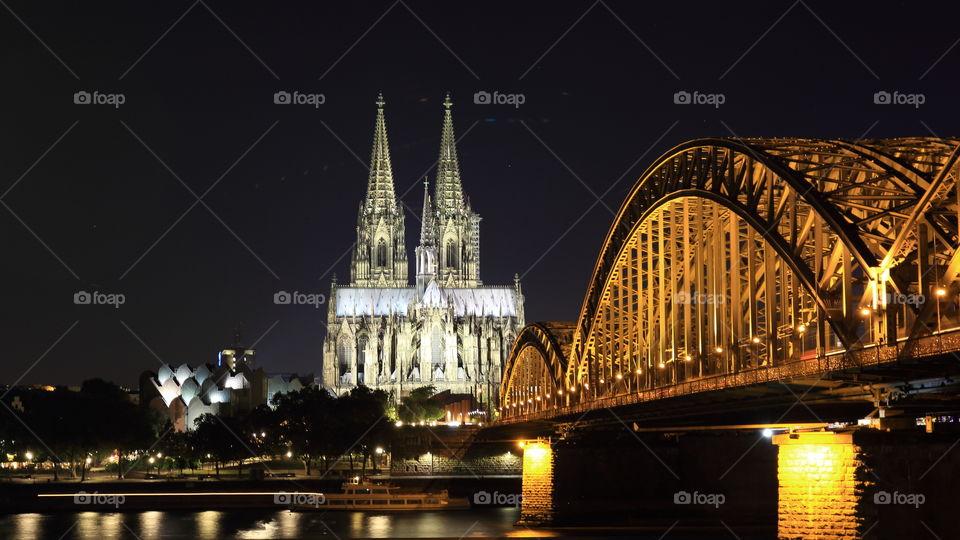 View to the beautiful Cityscape of Cologne North Rhine Westfalica Germany Europe with Rhine River, bridge and Dome