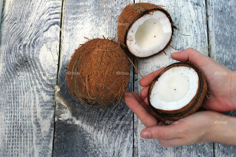 Coconut, fruit, food, hands, still life, abstraction, coconut in hands, cut coconut in hands, whole coconut, broken coconut