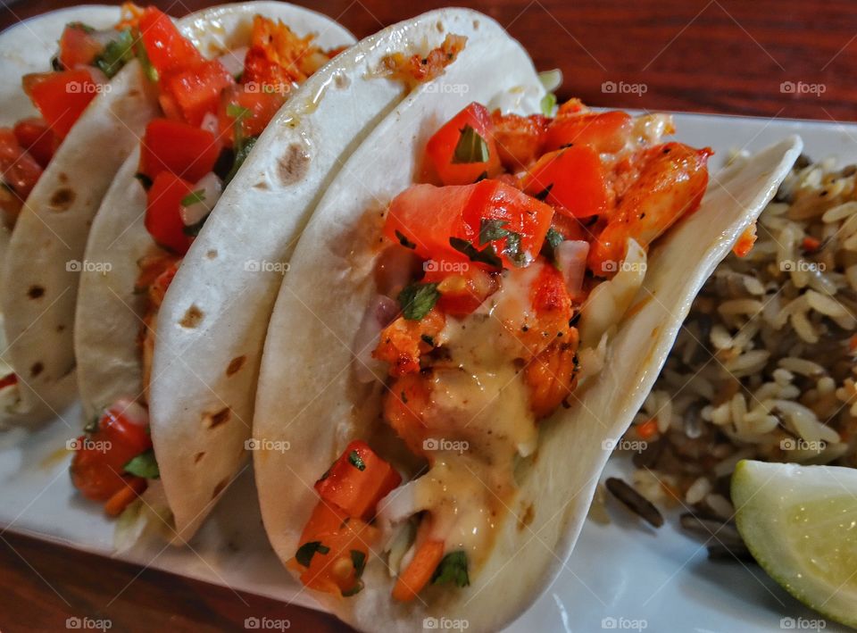 Lobster Tacos. Colorful Fresh Lobster Tacos In Mexico
