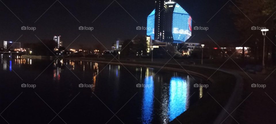 night city wiev beautiful lights and reflection in river