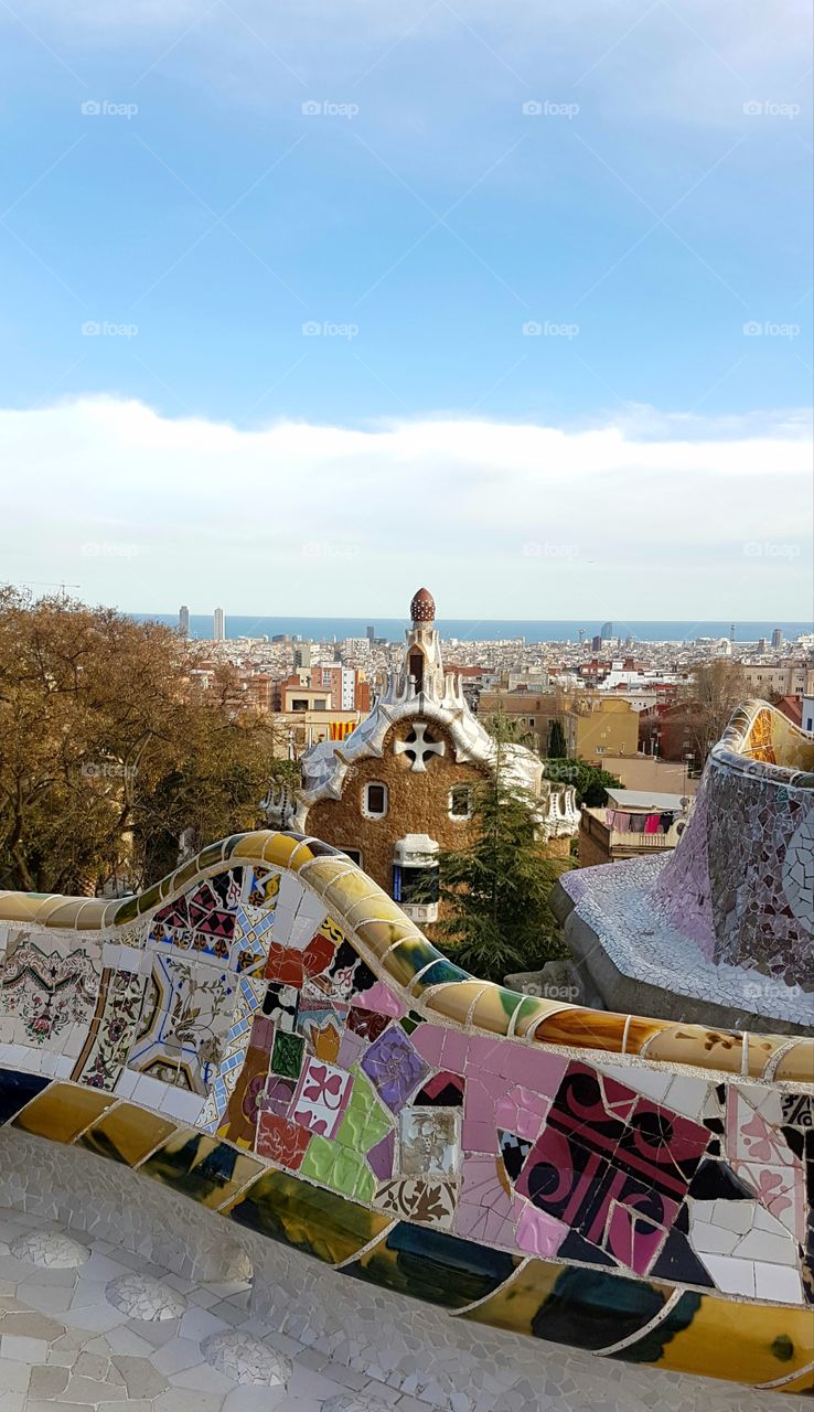 View from above, Guell Park in Barcelona, Spain. Unique Architecture.