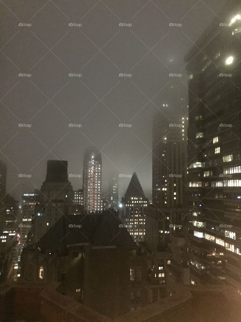 Foggy night in Manhattan's financial district