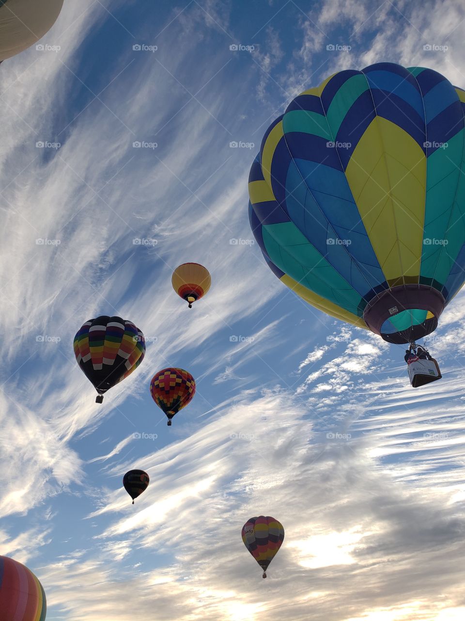 Six colorful hot air balloons flying in a blue and white sky backdrop.