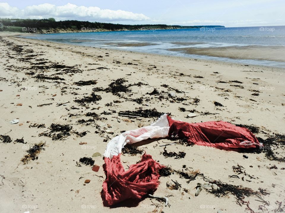 Washed Up Patriotism. Canadian flag washed up on beach