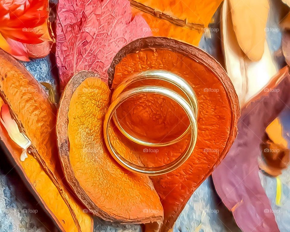 Heart shaped dry leaf wedding rings.  In the background, several dry leaves of different colors complement the composition.