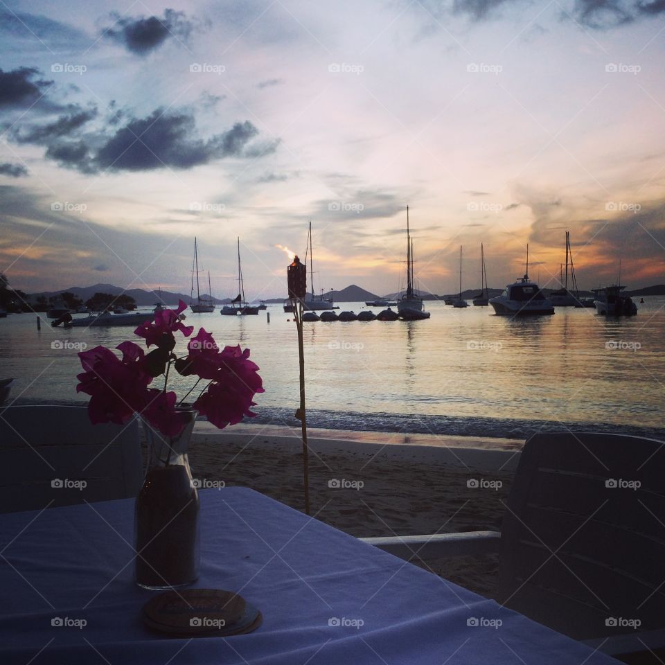 Sunset on the beach. Wedding rehearsal dinner at Joe's Rum Hut on the beach in St. John, USVI.