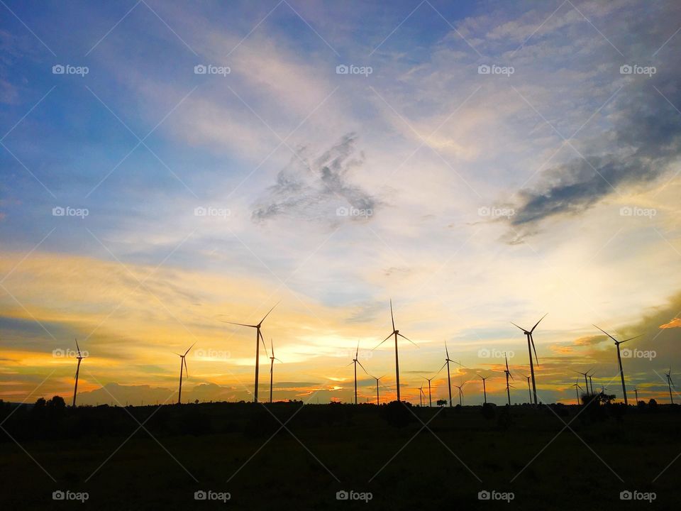 Wind turbines and sunset 