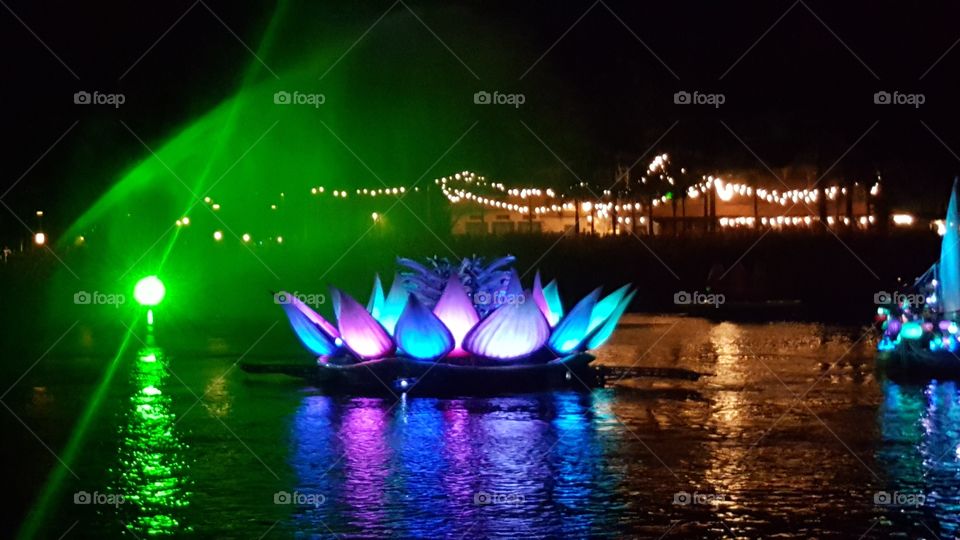 Colorful flowers light up the night in Discovery River during Rivers of Light at Animal Kingdom at the Walt Disney World Resort in Orlando, Florida.