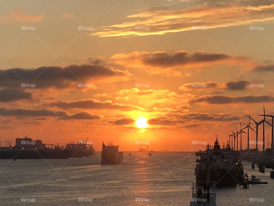 Sunset in the port of Rotterdam