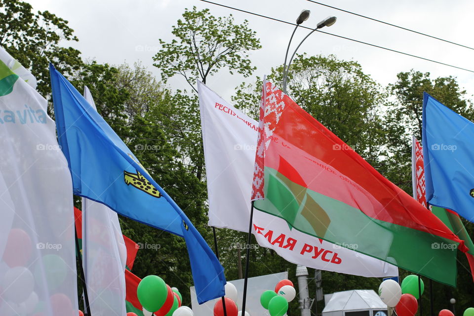 Flag of Belarus, flag of the Republic of Belarus. A parade dedicated to the Victory Day. May 9, 2017. Belarus, Gomel. Reportage photo.