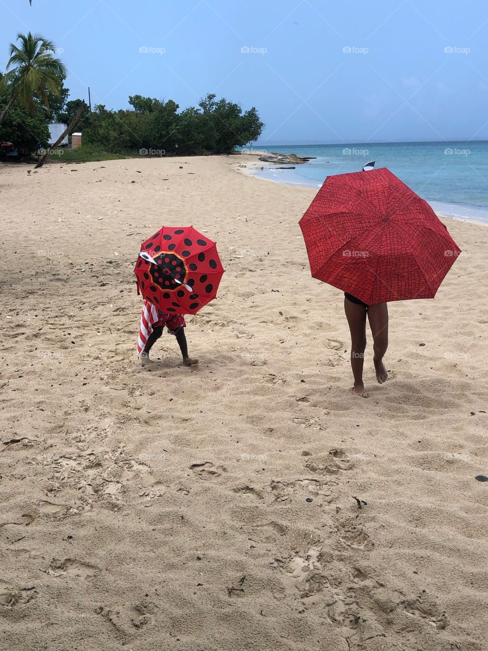 Red umbrellas on the beach