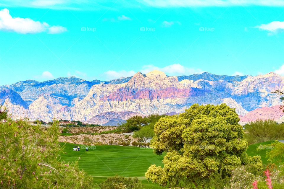Golf Course with a view of Sierra Mountains Red Rock outside of Las Vegas Nevada 