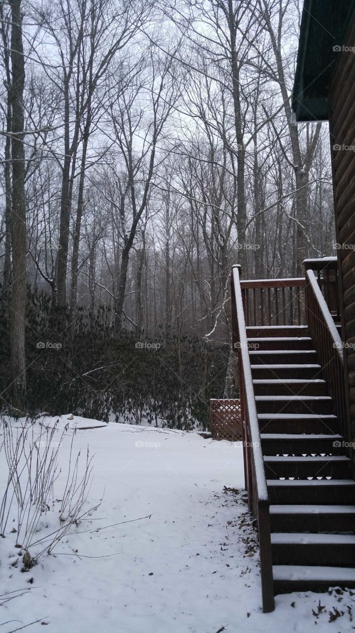 Stairs leading to a deck with snow covered steps and railings next to snow covered ground and bare trees behind.