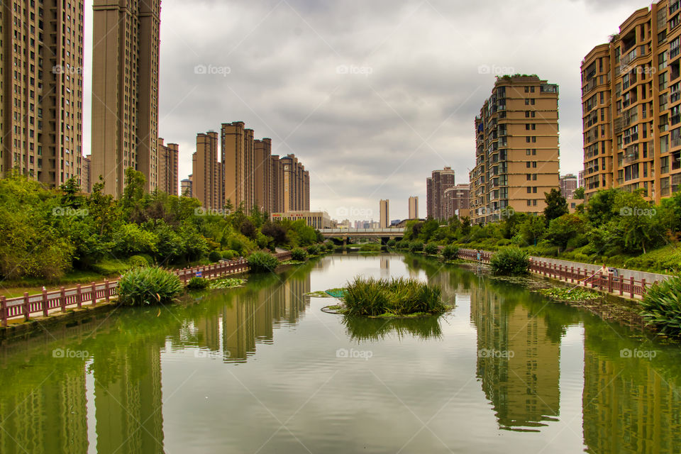 Cityscape along greenery