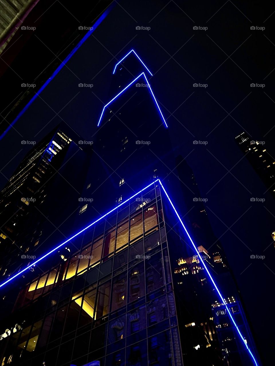 Blue lights of the building. Skyscraper of Manhattan New York.