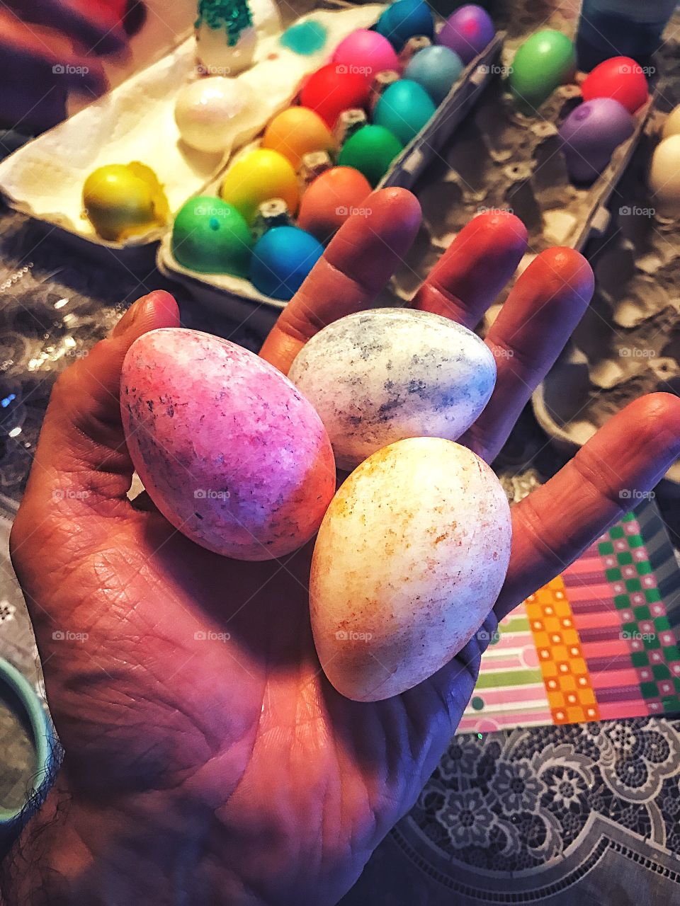 Dyeing Easter eggs with the husbands family, odd tradition but they came out pretty 