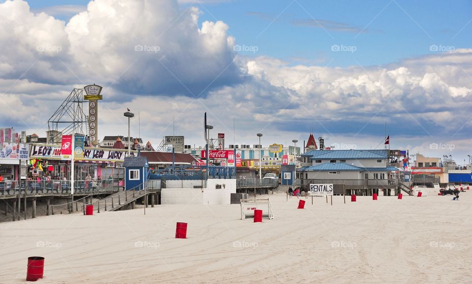 Jersey Shore at Seaside. The pier at Seaside Heights was not spared by Hurricane Sandy. Photo was taken 3 months before the storm hit.