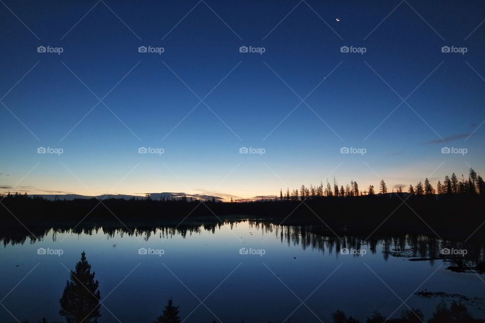 Silhouette of trees and blue sky reflecting on lake