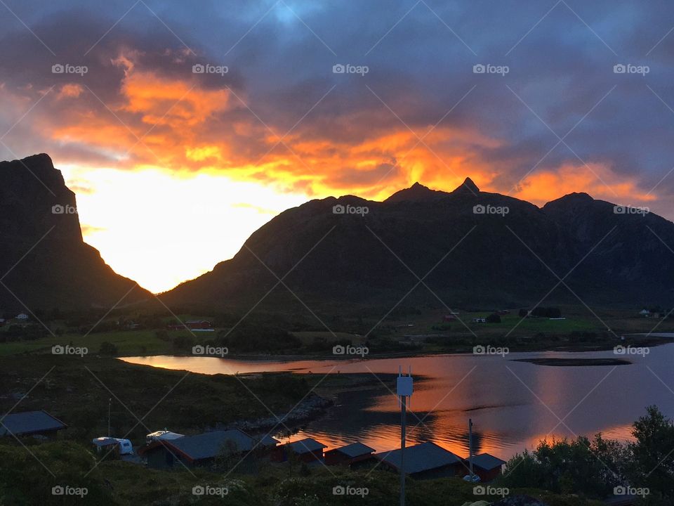 Sunset with dramatic sky at Lofoten Island