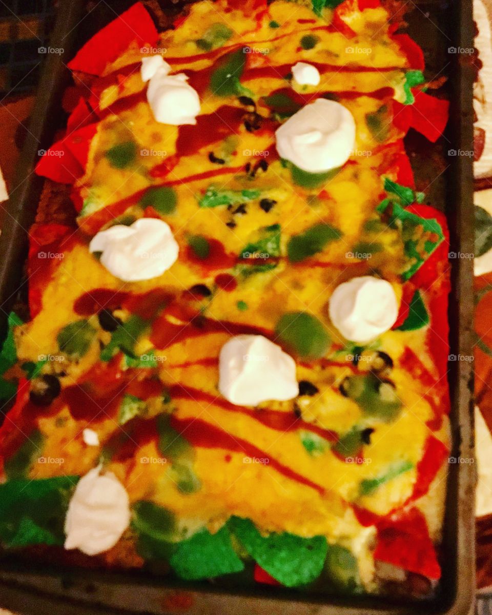 Holiday nacho bake, bright colors 