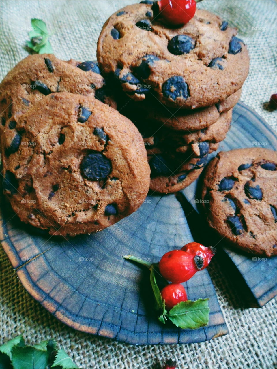 oatmeal cookies with chunks of chocolate and rose hips, dessert