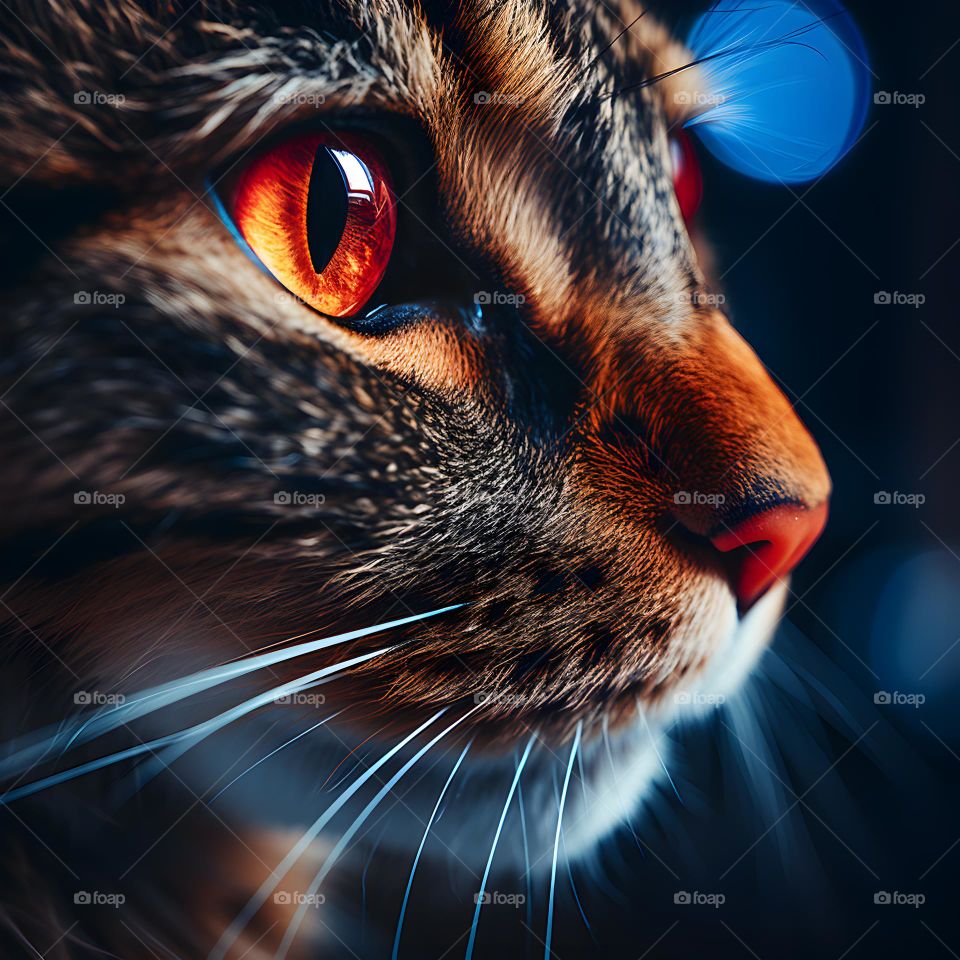close up of a cat face with round eyes, in the style of vray tracing, photo-realistic techniques