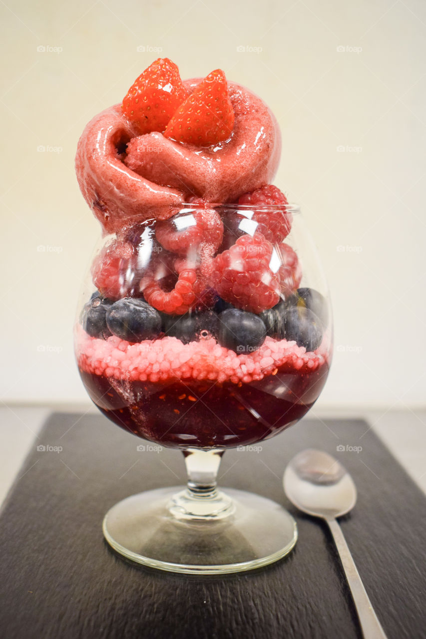 Close-up of ice cream sundae in wineglass