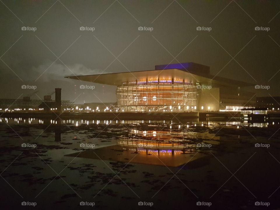Copenhagen Opera House on a misty evening