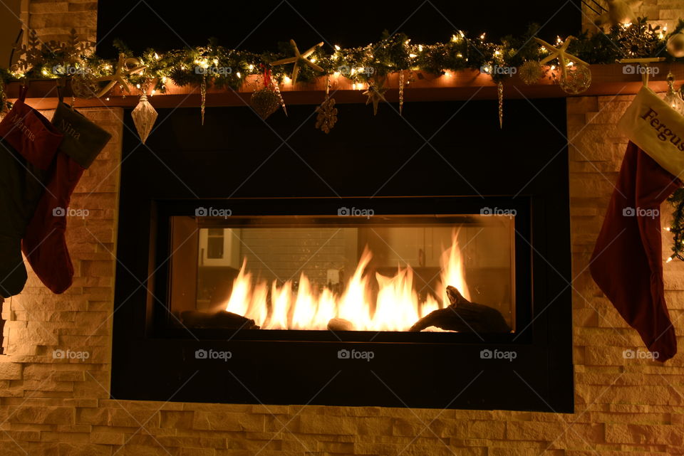 Fireplace with holiday lights