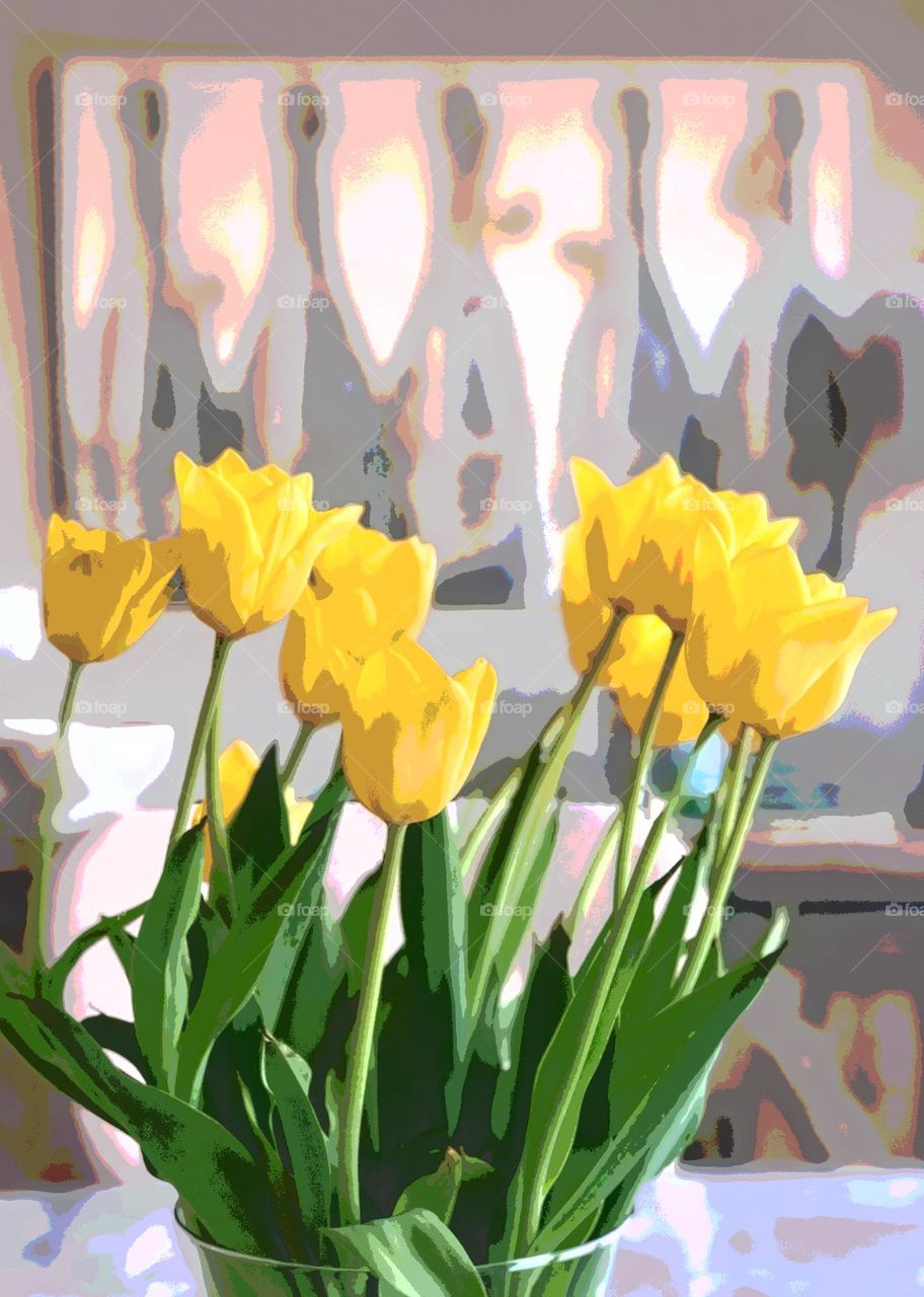 Foap Mission Flowers In A Vase! Yellow Tulips In A Vase With Champagne Bottles In The Background!