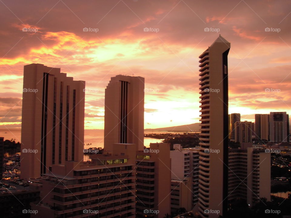 Sun setting over Honolulu. 