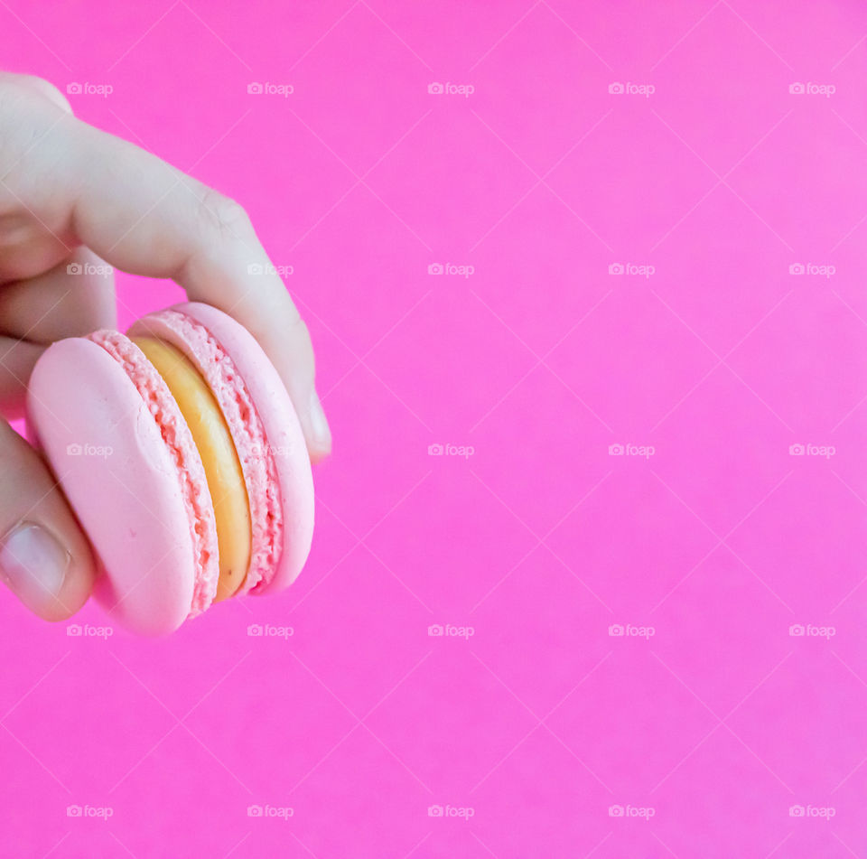 Selective focus and close-up view to one macarons field with vanilla cream between the fingers on pink background with copy space.