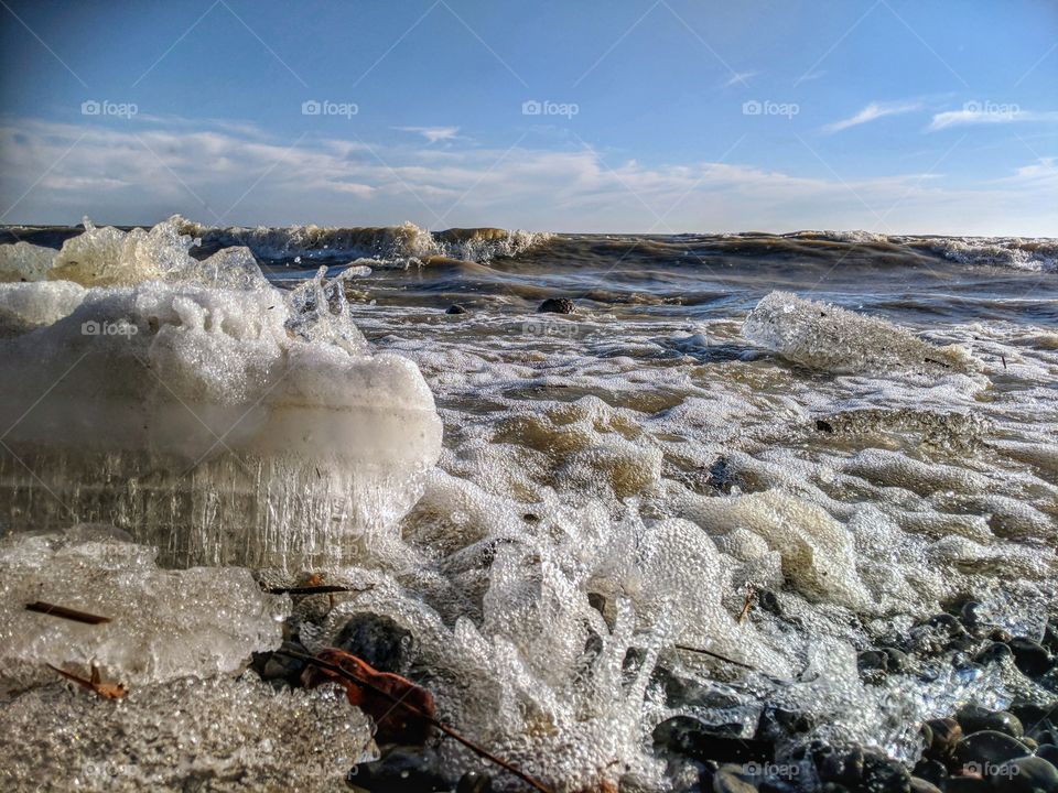 The Waves splashing against the Ice.