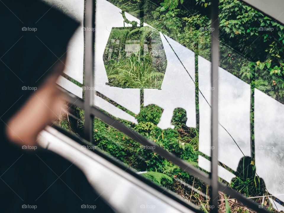 People silhouette on escalators against glass window against nature 