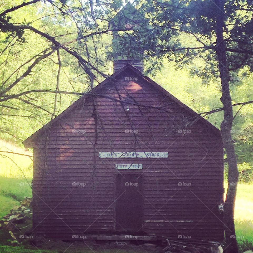 Old schoolhouse in the woods. 