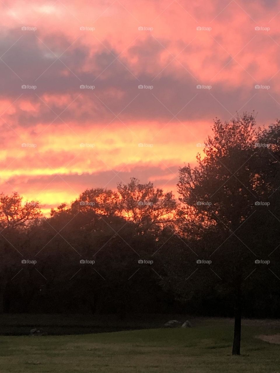 Amazing sunset at the Texas ranch, purple, pink and orange skies 