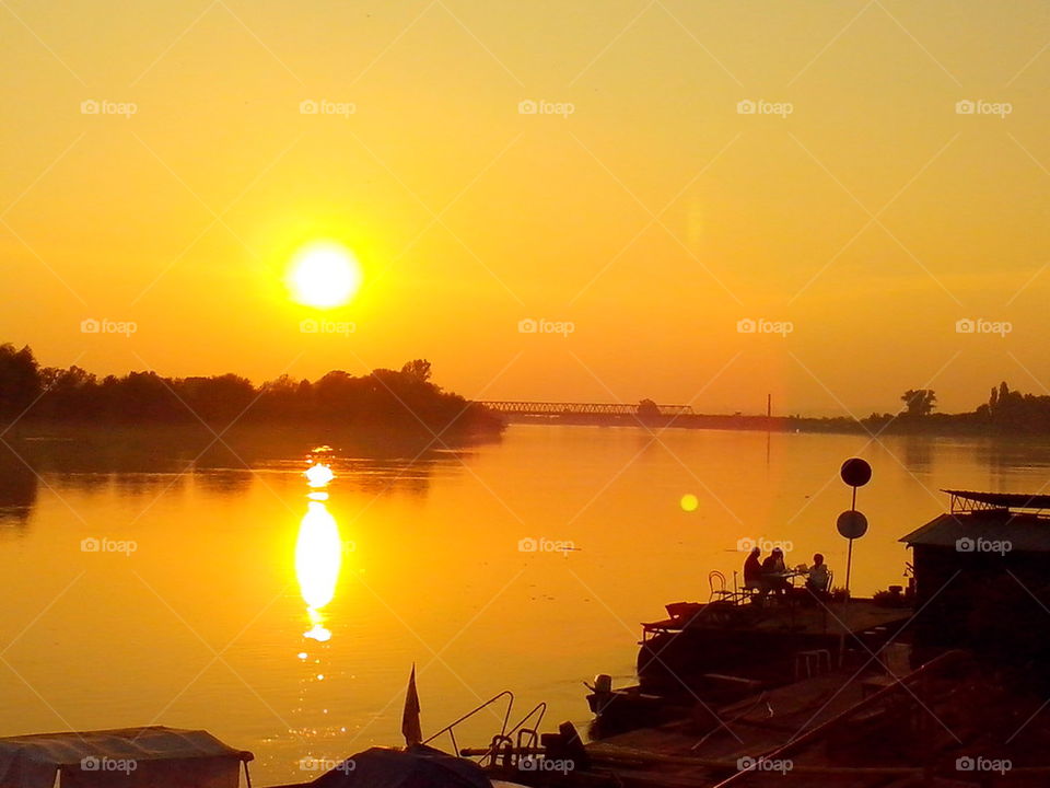 Bridge over the Sava river in sunset