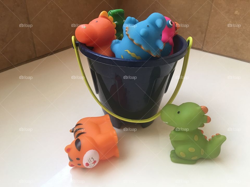 Colorful bath toys.